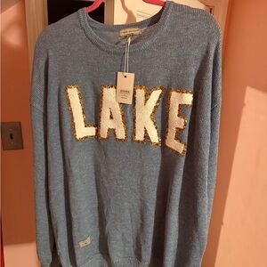 Simply Southern Blue Sweater with Gold and White Accents